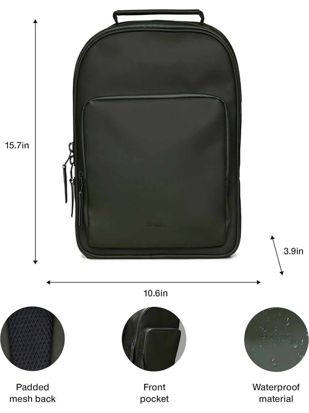 Zaino Rains Unisex Book Daypack Verde Rains Angolo dello Sport