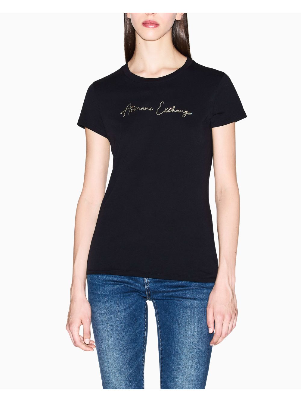 T-shirt Armani slim fit con logo glitterato Donna - Nero