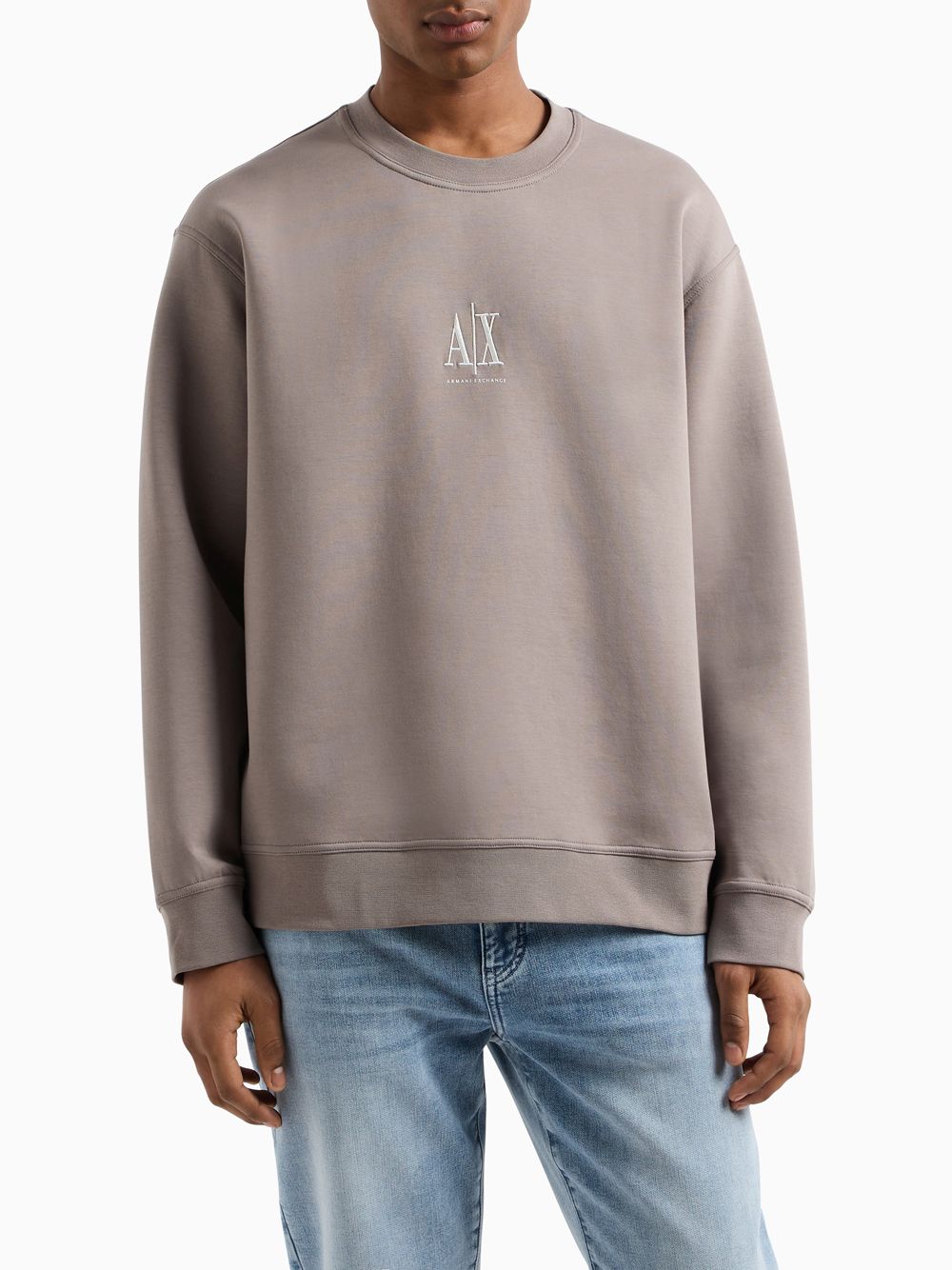 Felpa Armani girocollo in cotone elasticizzato con logo Icon Uomo - Marrone