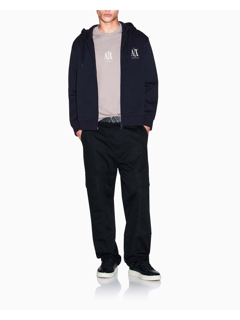 Felpa Armani fullzip con cappuccio e logo in cotone stretch Icon Uomo - Navy