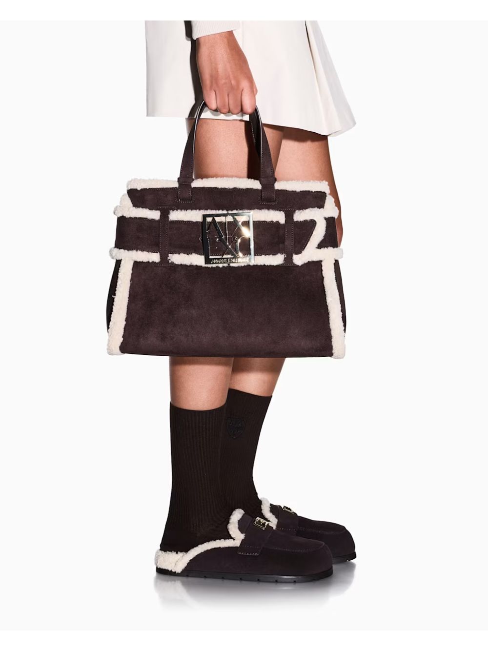 Borsa Armani scamosciata con profili effetto shearling Donna - Marrone