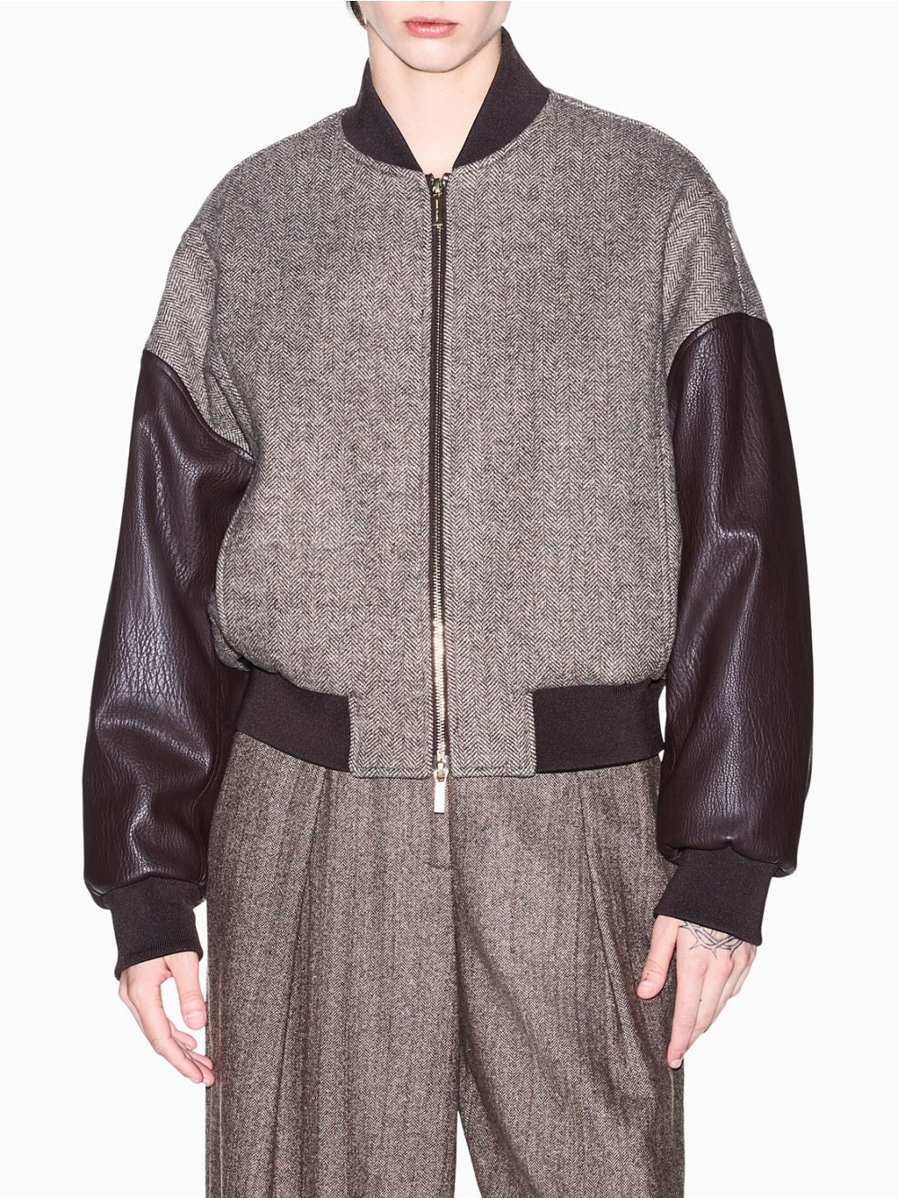 Giubbotto Armani in misto lana spigato con maniche a contrasto Donna - Grigio