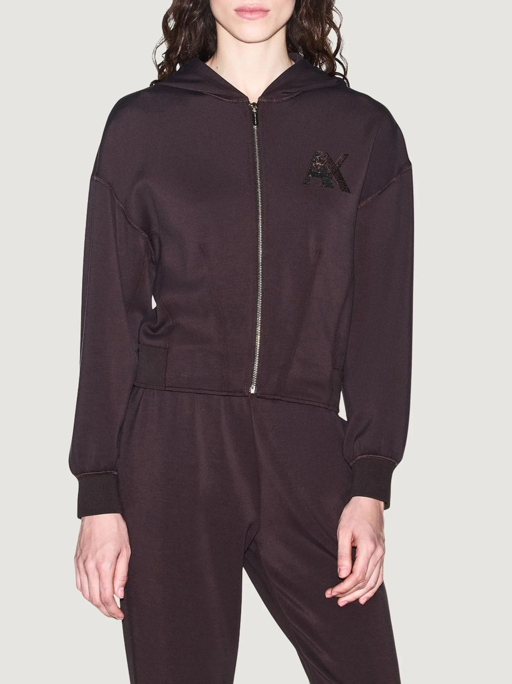 Felpa Armani con cappuccio e zip in tessuto scuba Donna - Marrone