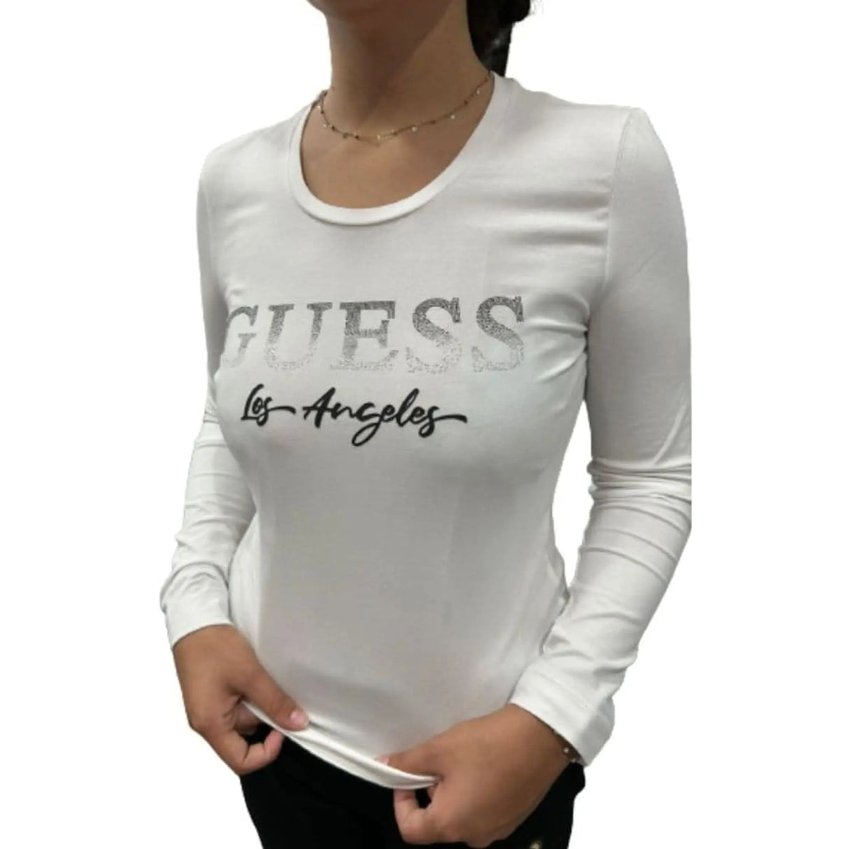 Pullover GUESS Donna LS VN LOGO MICRO STU Bianco