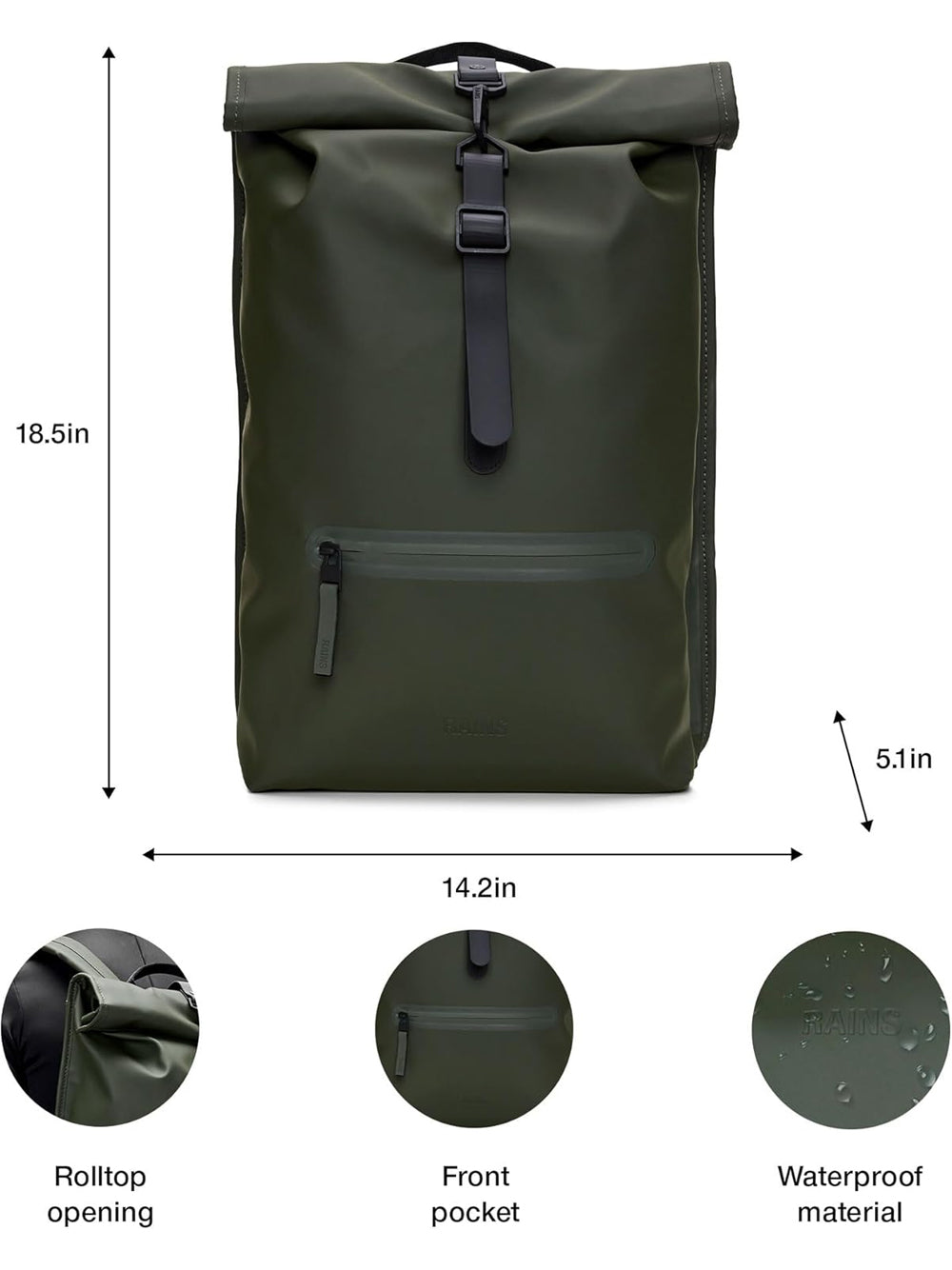 Zaino Rains Unisex Rolltop Rucksack Verde Rains  Angolo dello Sport
