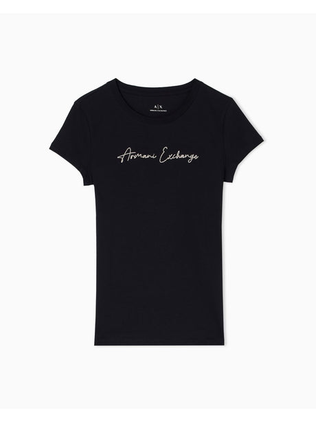 T-shirt Armani slim fit con logo glitterato Donna - Nero