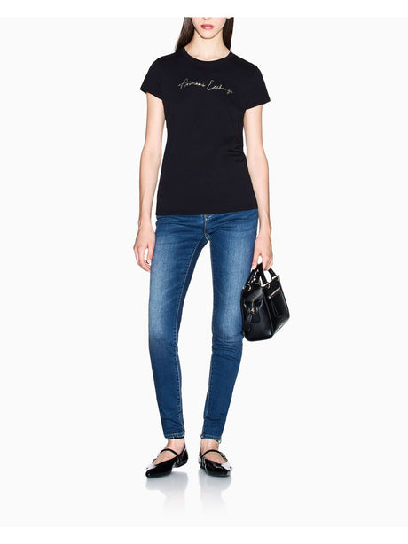 T-shirt Armani slim fit con logo glitterato Donna - Nero