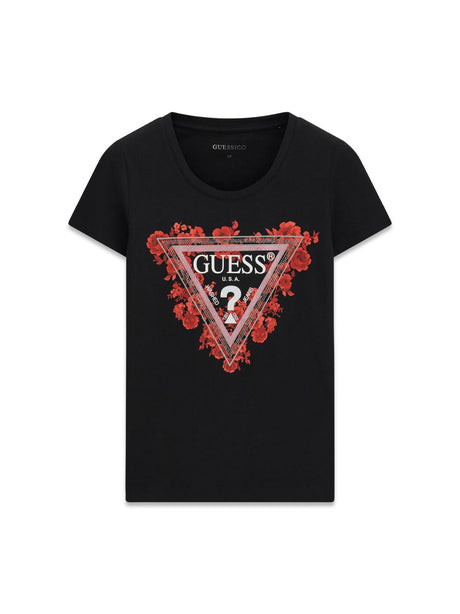 T-shirt Guess SS CN FLOWERS TRIANGLE Donna - Nero