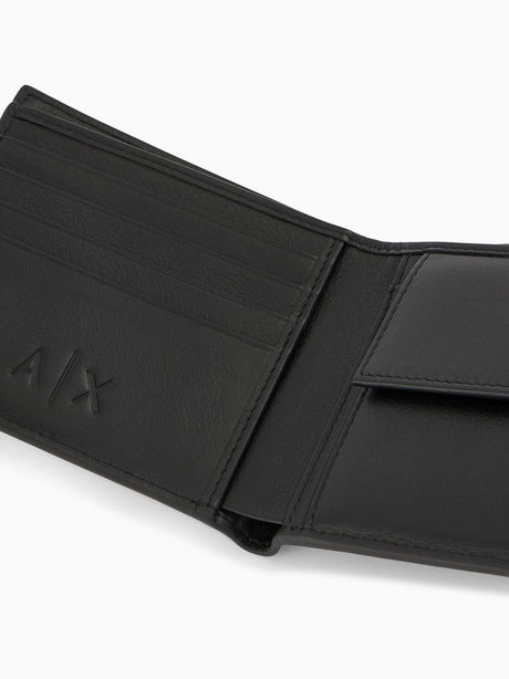 Portafoglio Armani bifold in pelle liscia con logo e portamonete Uomo - Nero