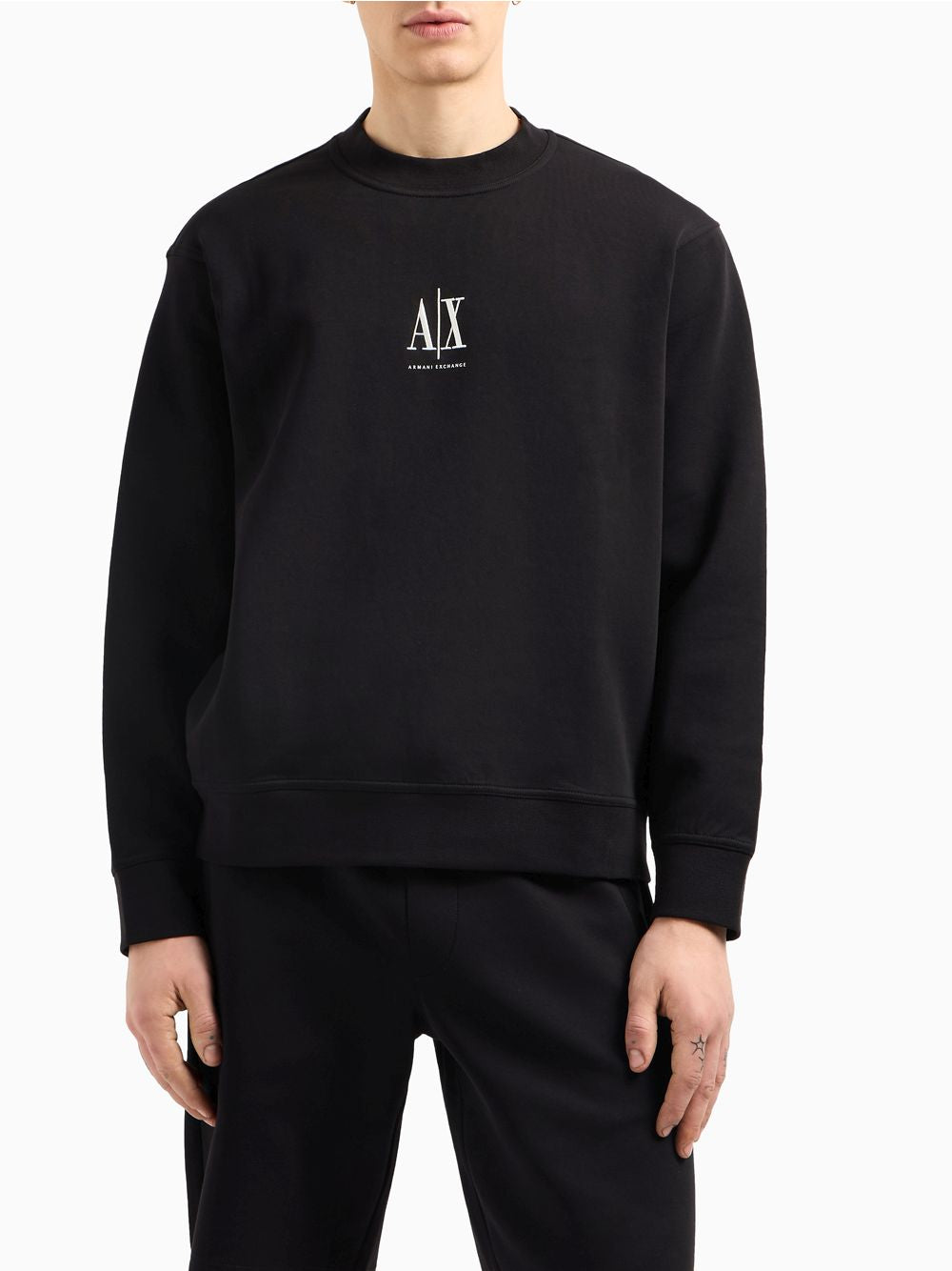 Felpa Armani girocollo in cotone elasticizzato con logo Icon Uomo - Nero