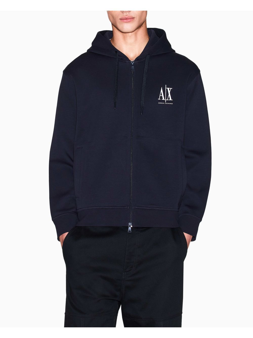 Felpa Armani fullzip con cappuccio e logo in cotone stretch Icon Uomo - Navy