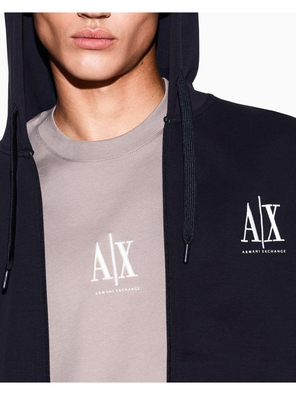 Felpa Armani fullzip con cappuccio e logo in cotone stretch Icon Uomo - Navy