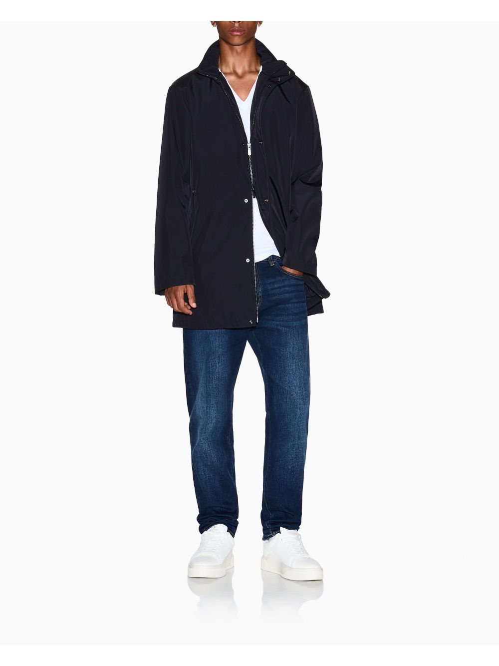 Cappotto Armani lungo con collo alto e zip a scomparsa Essential Uomo - Navy