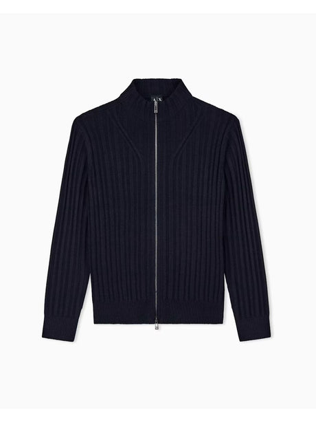 Cardigan Armani a coste in misto lana e cotone con zip Uomo - Navy