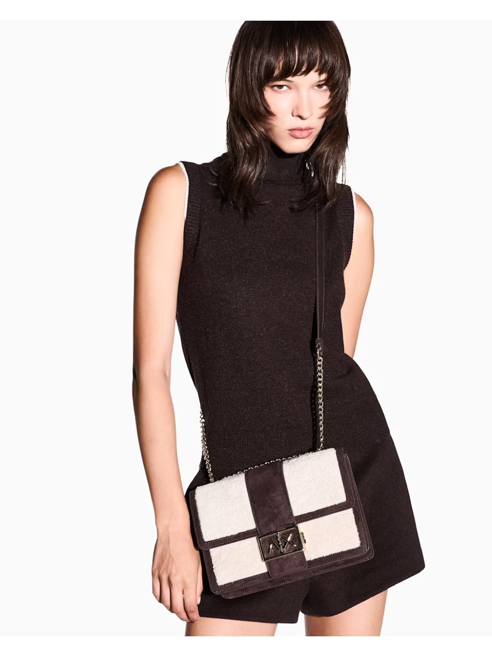 Borsa Armani messenger effetto pelliccia con catena Donna - Marrone