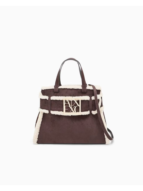 Borsa Armani scamosciata con profili effetto shearling Donna - Marrone