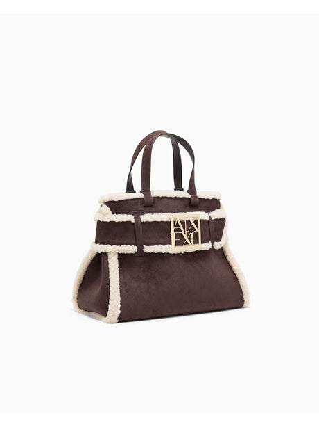 Borsa Armani scamosciata con profili effetto shearling Donna - Marrone