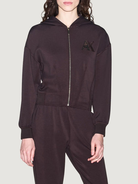 Felpa Armani con cappuccio e zip in tessuto scuba Donna - Marrone