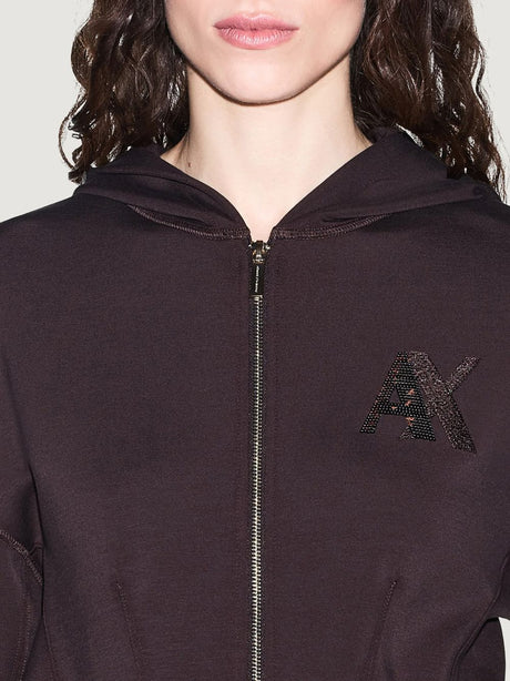 Felpa Armani con cappuccio e zip in tessuto scuba Donna - Marrone