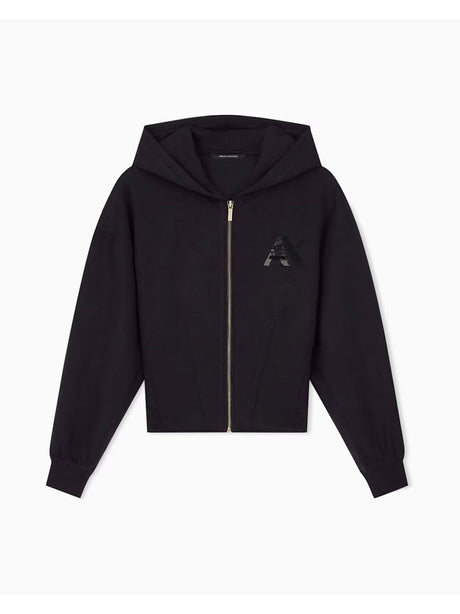 Felpa Armani con cappuccio e zip in tessuto scuba Donna - Nero