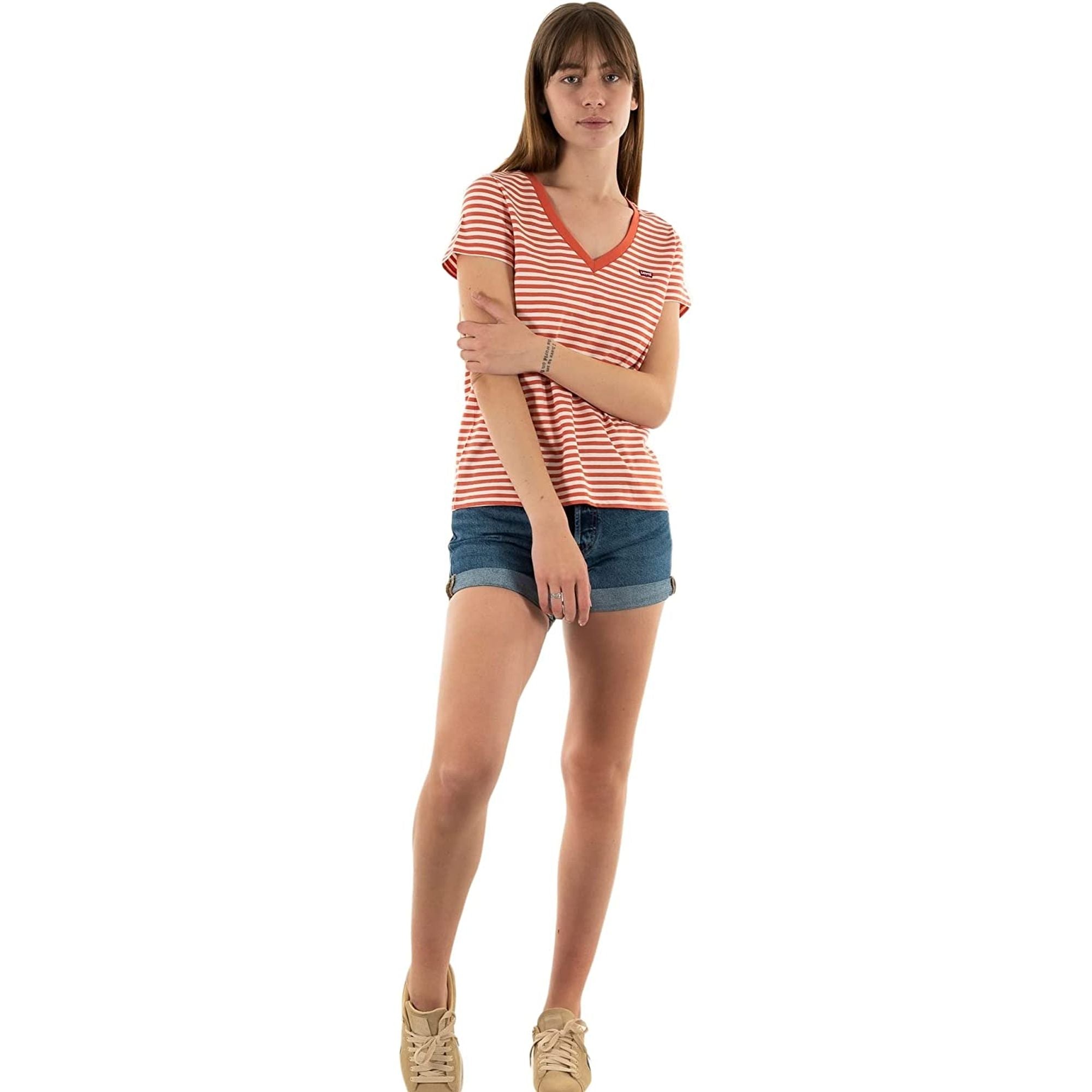 T-shirt LEVIS Donna PERFECT VNECK PLAIN JANE STRIPE BURNT SI Rosso