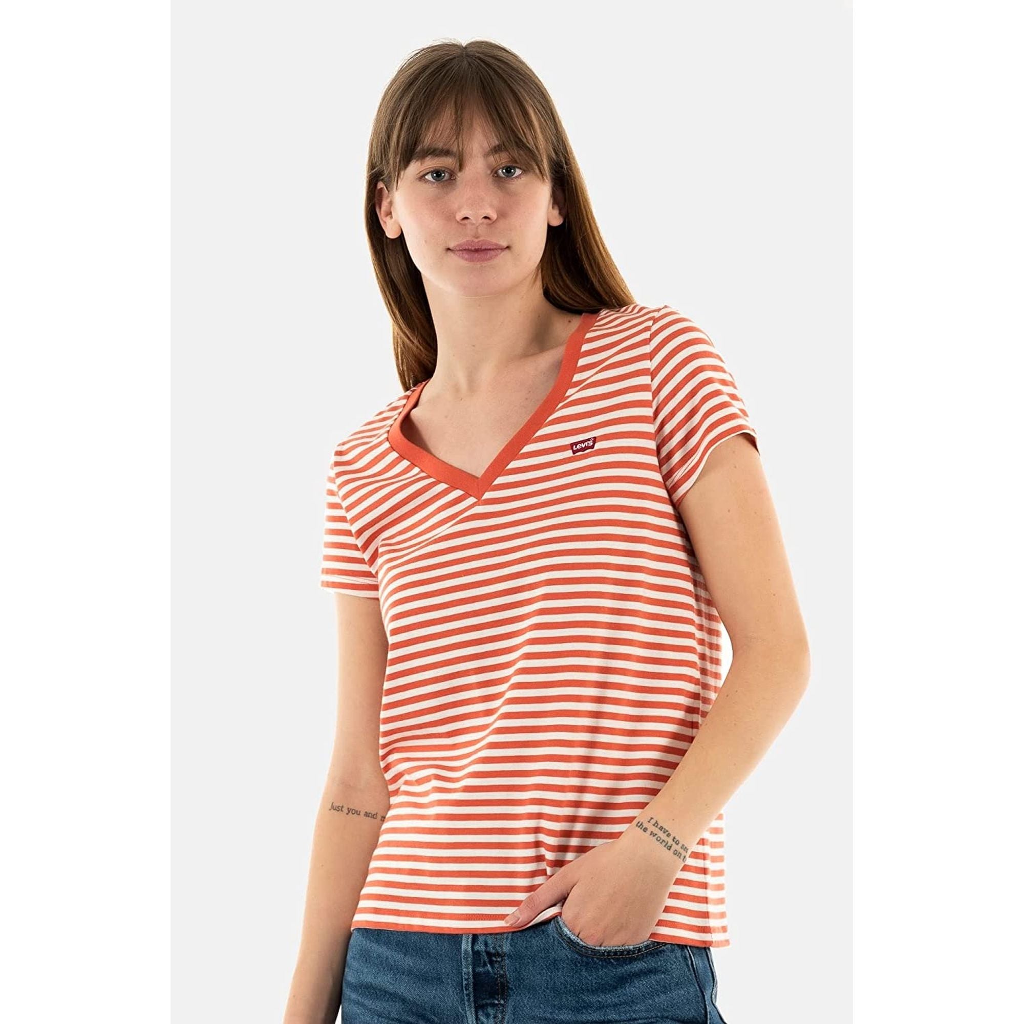 T-shirt LEVIS Donna PERFECT VNECK PLAIN JANE STRIPE BURNT SI Rosso