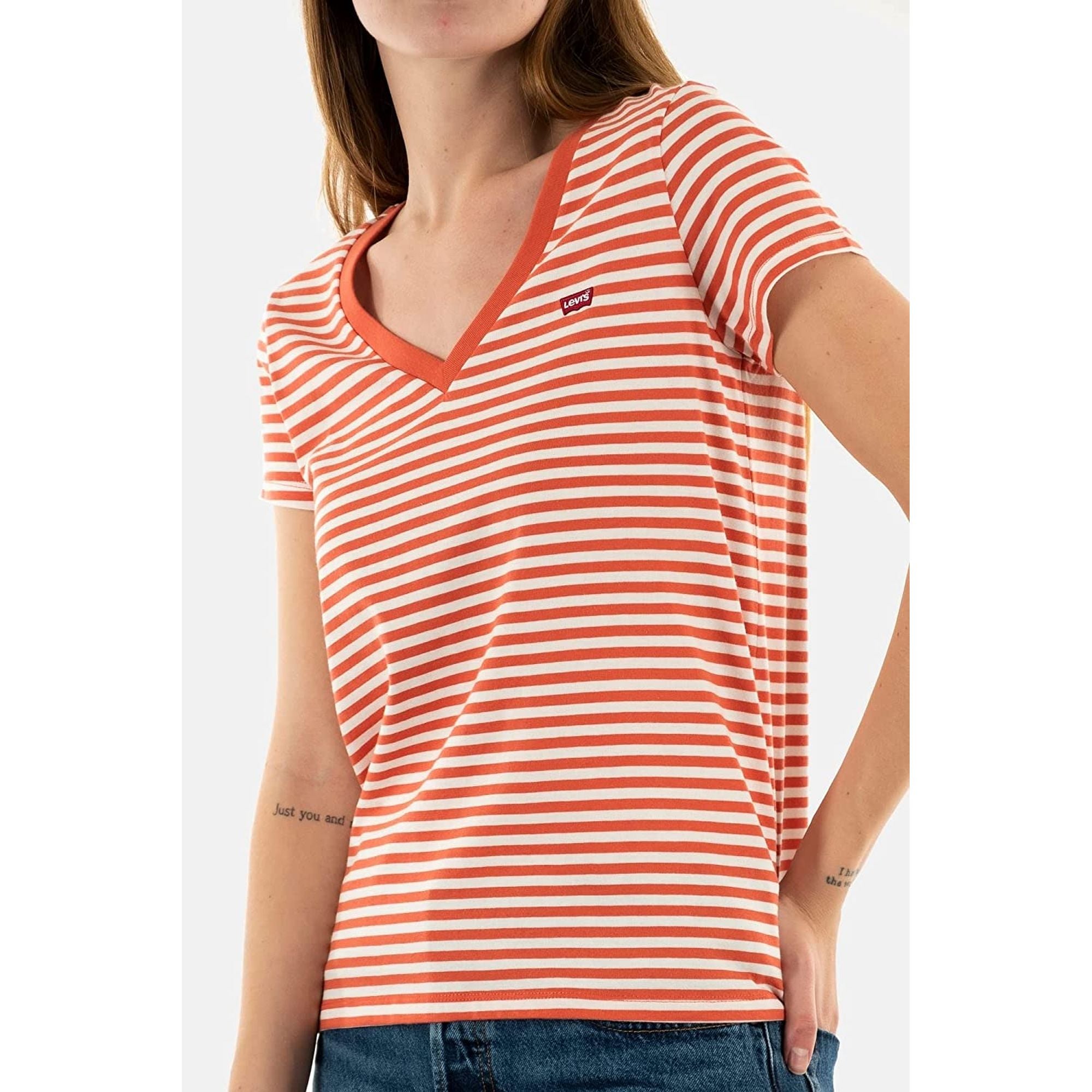 T-shirt LEVIS Donna PERFECT VNECK PLAIN JANE STRIPE BURNT SI Rosso